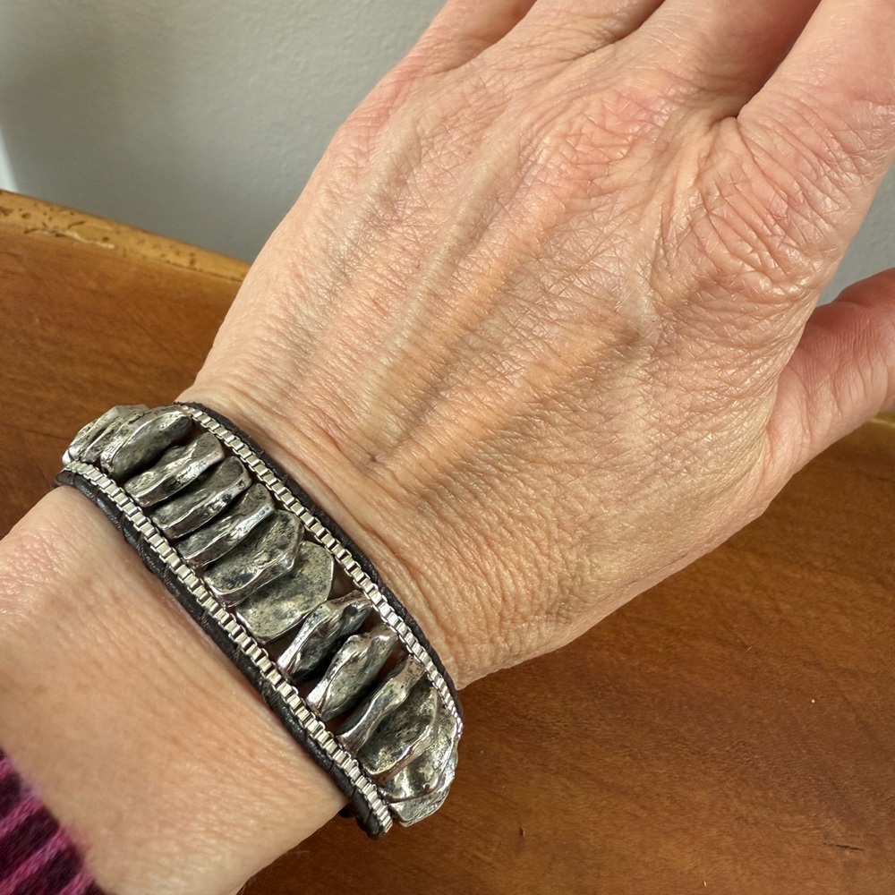Silver and Brown leather Bracelet snap beaded bracelet unisex - Picture 3 of 7